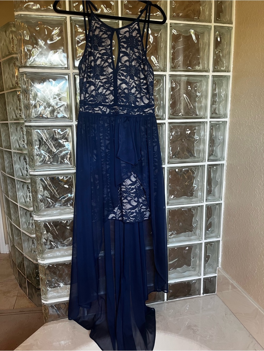 Morgan & Co. Navy Lace High-Low Formal Dress